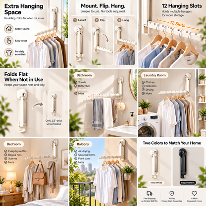 ✨🧺 Foldaway No-Drill Hanging Rack 🏠 Extra Space in Seconds