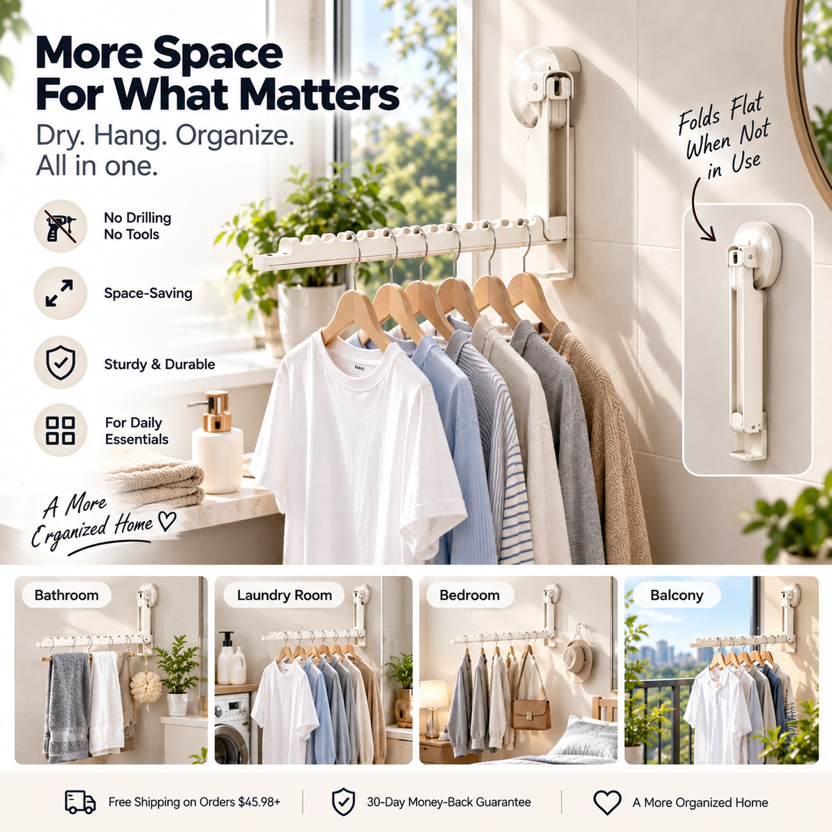 ✨🧺 Foldaway No-Drill Hanging Rack 🏠 Extra Space in Seconds