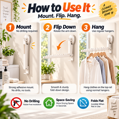 ✨🧺 Foldaway No-Drill Hanging Rack 🏠 Extra Space in Seconds