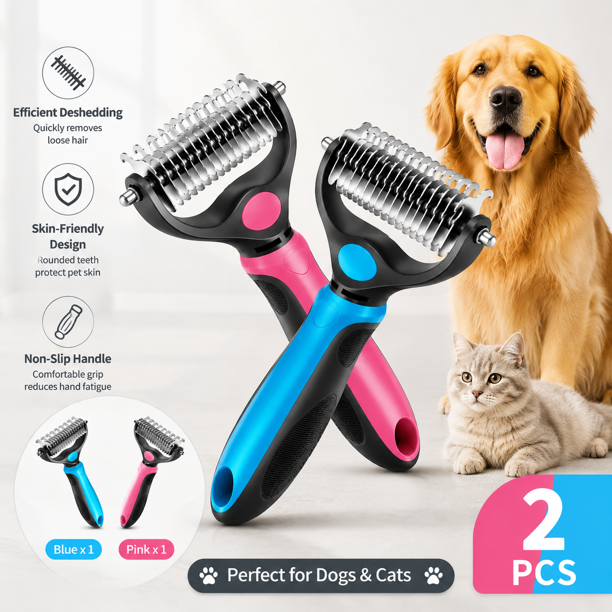 🐾Double-Sided Pet Grooming Brush – Hurtless Shedding & Dematting Undercoat Rake for Dogs and Cats