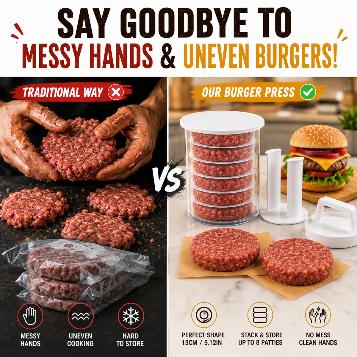 🍔 Press, Stack & Store Up to 8 Uniform Burger Patties