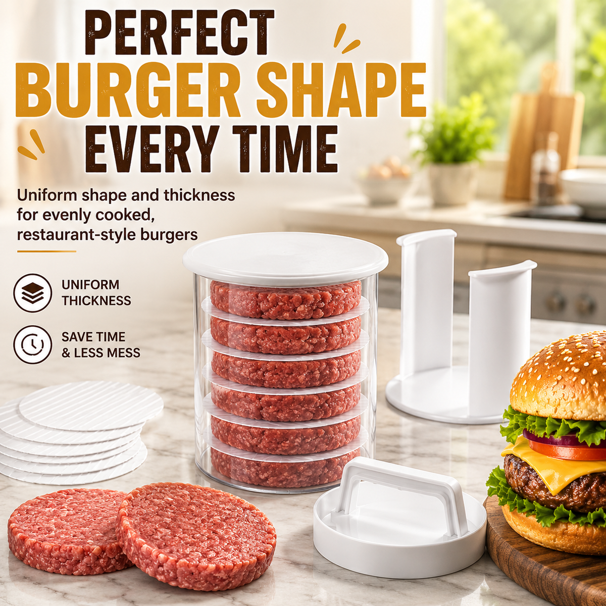 🍔 Press, Stack & Store Up to 8 Uniform Burger Patties
