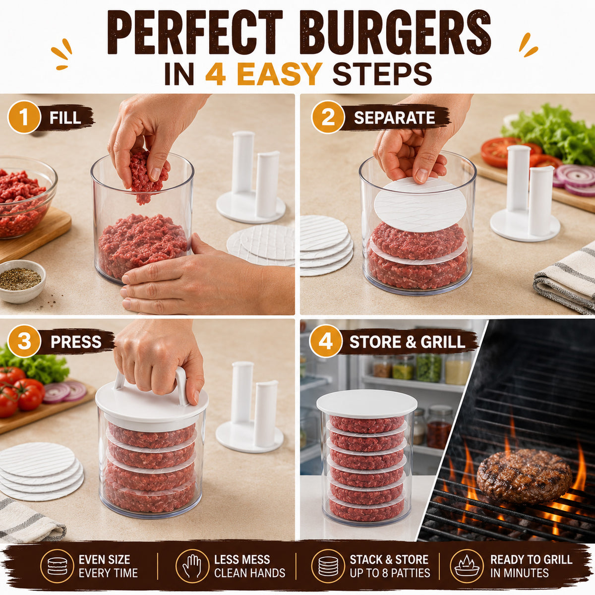 🍔 Press, Stack & Store Up to 8 Uniform Burger Patties