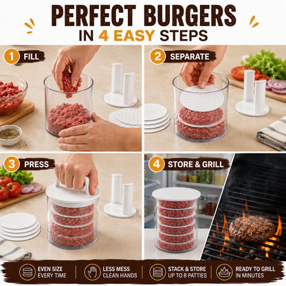 🍔 Press, Stack & Store Up to 8 Uniform Burger Patties