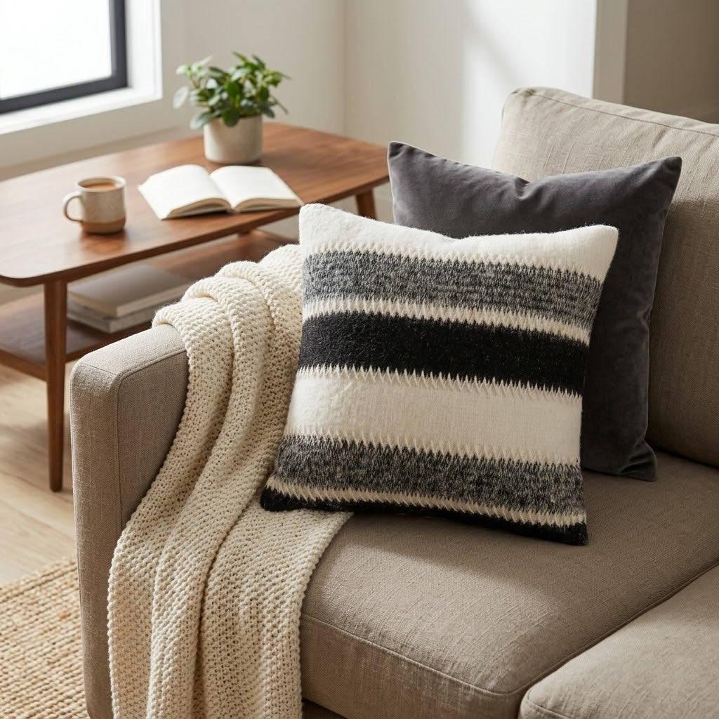 Modern Woven Black and White Striped Throw Pillow