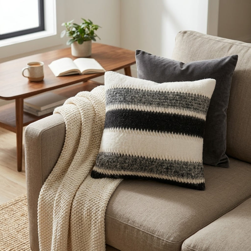Modern Woven Black and White Striped Throw Pillow