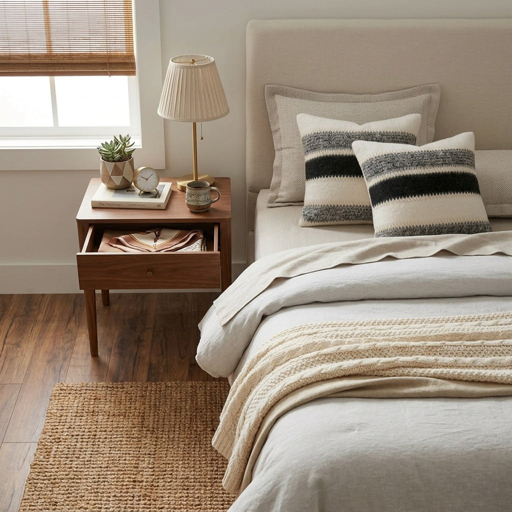 Modern Woven Black and White Striped Throw Pillow