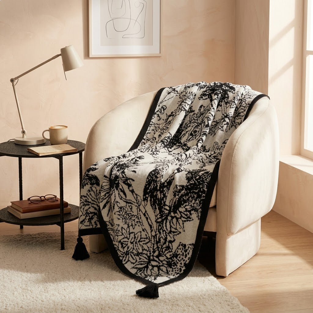 Vintage Floral and Bird Knit Throw Blanket