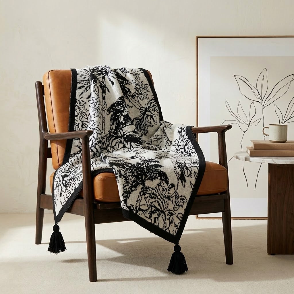 Vintage Floral and Bird Knit Throw Blanket